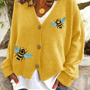 Yellow Casual Streetwear Women's Sweater Cardigan V Neck